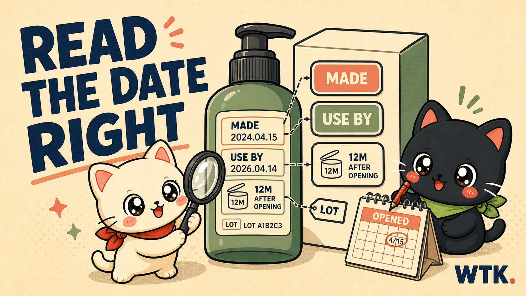 Bori reads a cosmetic label with a magnifying glass while Hodu records the opening date beside made, use-by, PAO, and lot-code examples