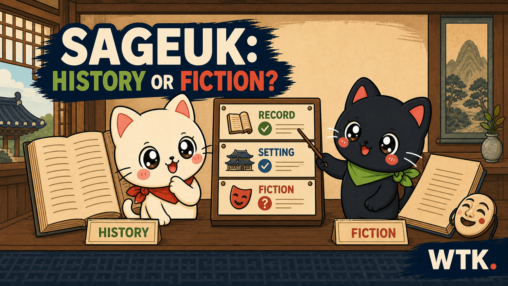 Bori and Hodu compare a historical record, period setting, and fictional drama elements inside a Korean study room