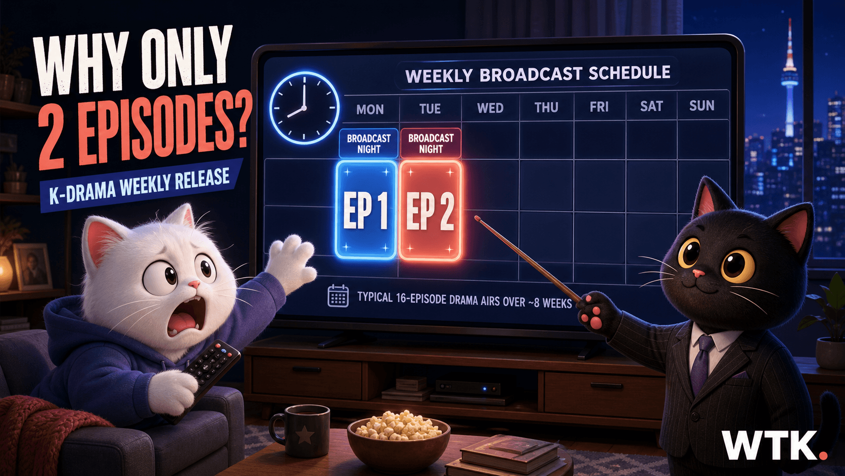 Why Only 2 Episodes? — WTK cover art with a white binge-watcher cat and black broadcast-guide cat explaining a two-night K-drama schedule