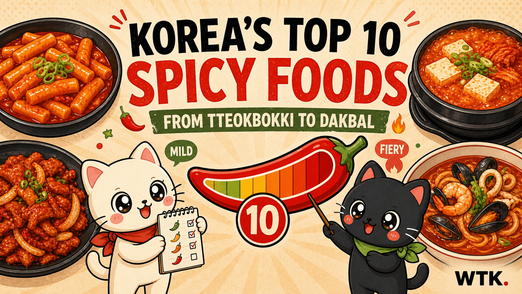 Ten popular spicy Korean foods surrounding a central red pepper heat meter