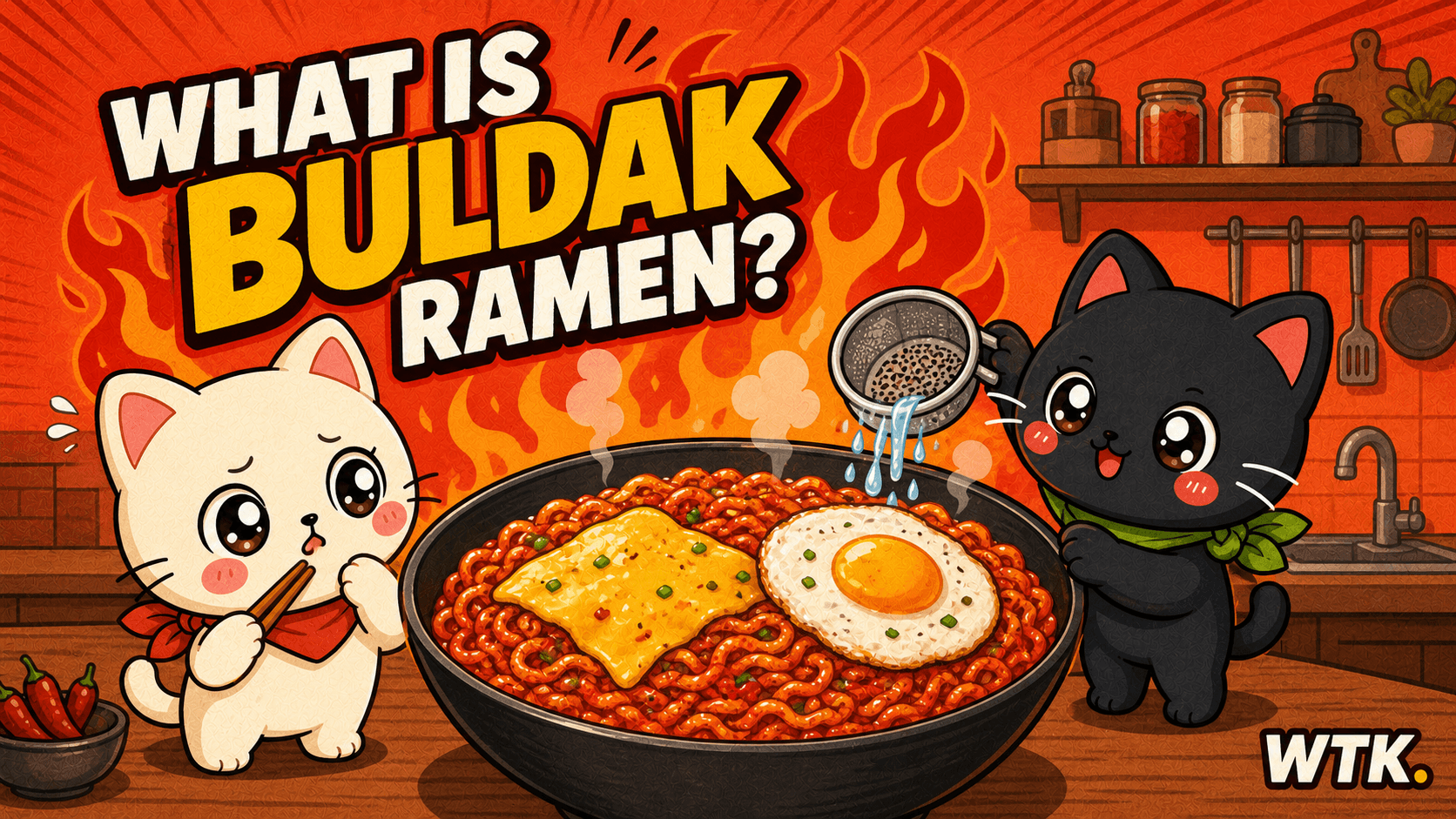 What Is Buldak Ramen? — What the Korea cover art with a bowl of fire noodles and mascot cats breathing flames
