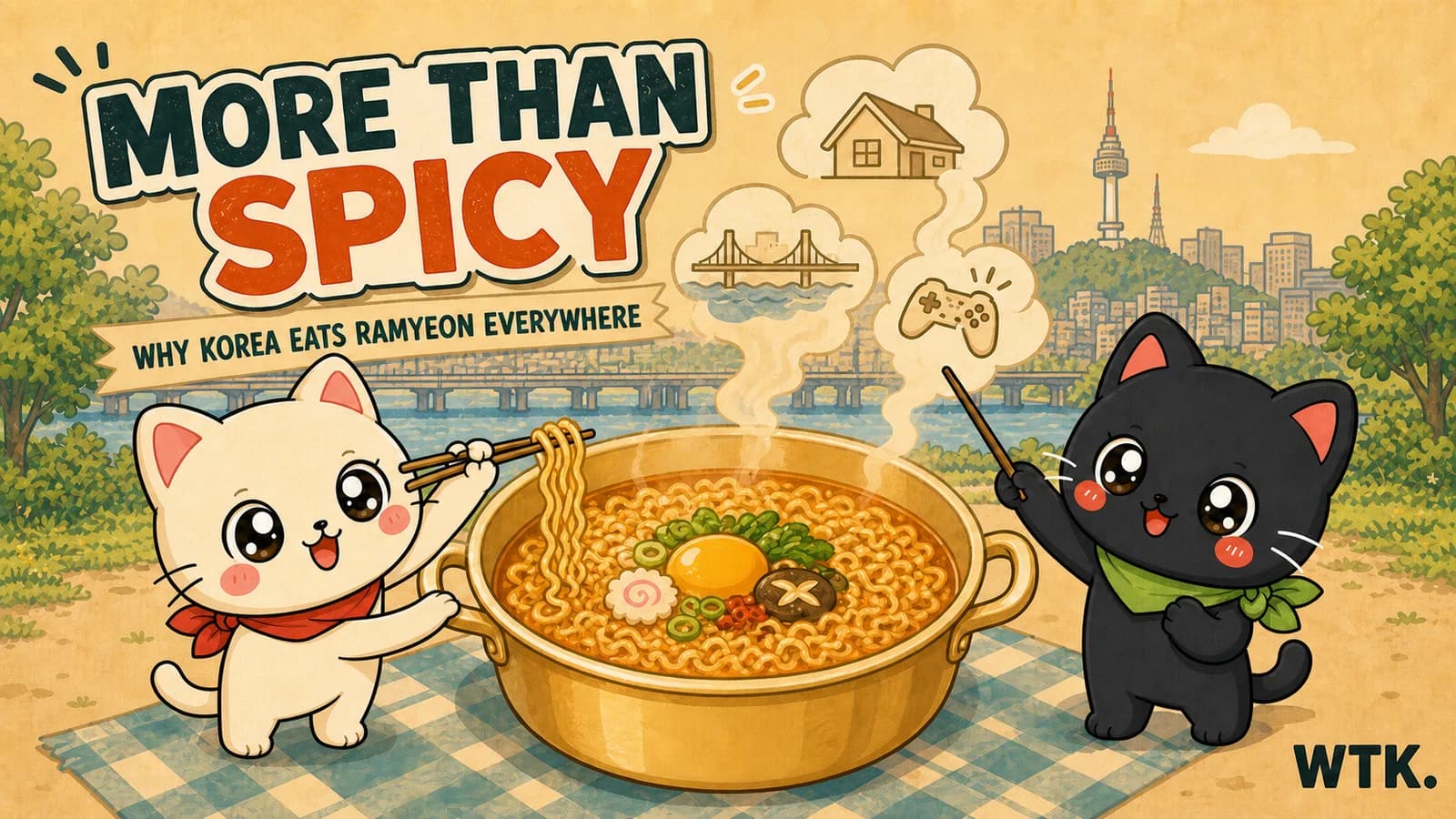 Bori and Hodu share a golden pot of Korean ramyeon as steam connects home, Hangang, and PC bang culture