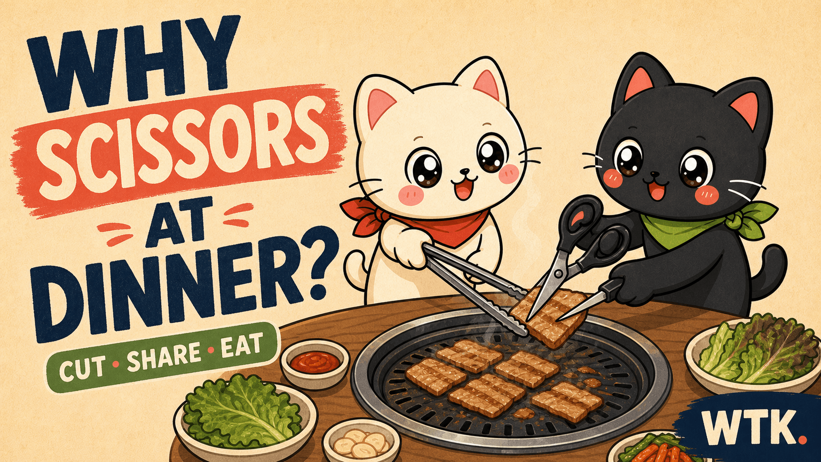 Bori holds kitchen tongs while Hodu safely cuts cooked pork with food scissors over a Korean barbecue grill