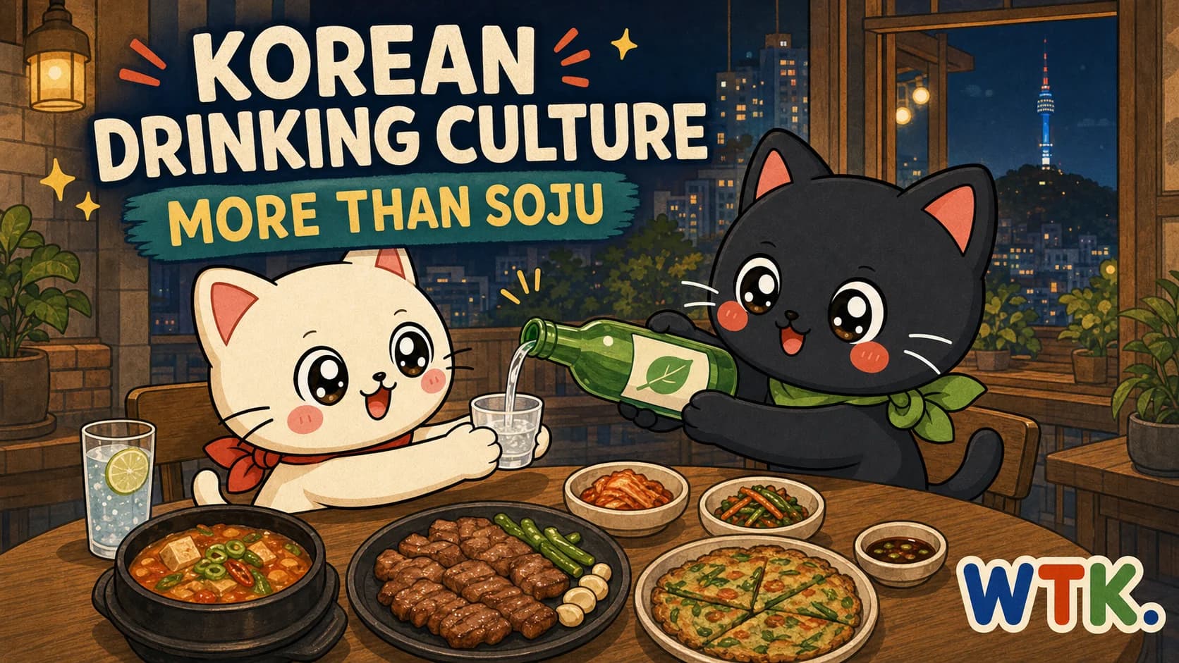 Korean Drinking Culture — Hodu pours an unbranded Korean drink with two paws while Bori receives the glass with both paws at an anju table