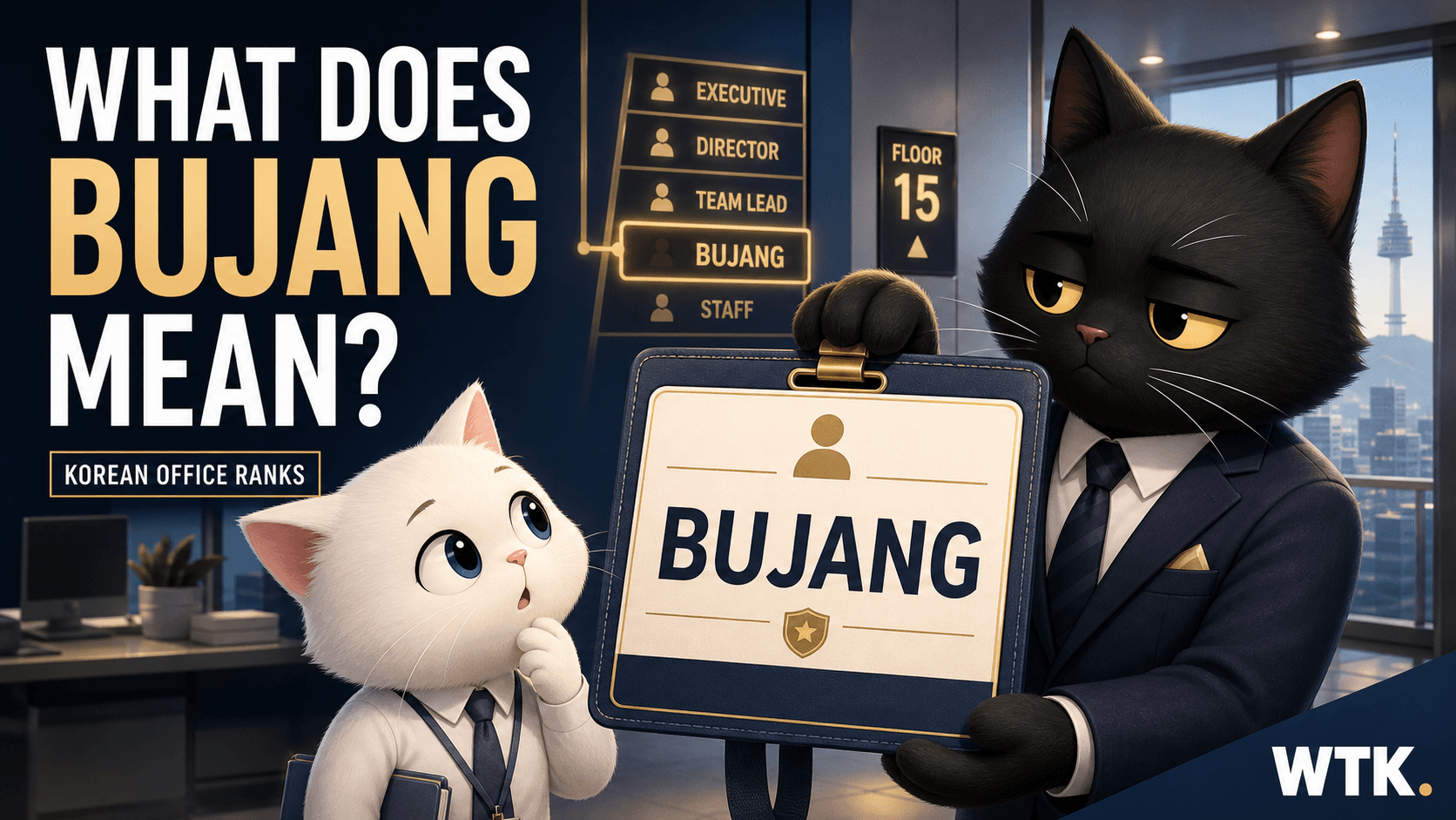 What Does Bujang Mean? — WTK cover art with a white junior-office cat and black senior-manager cat presenting a Bujang employee badge