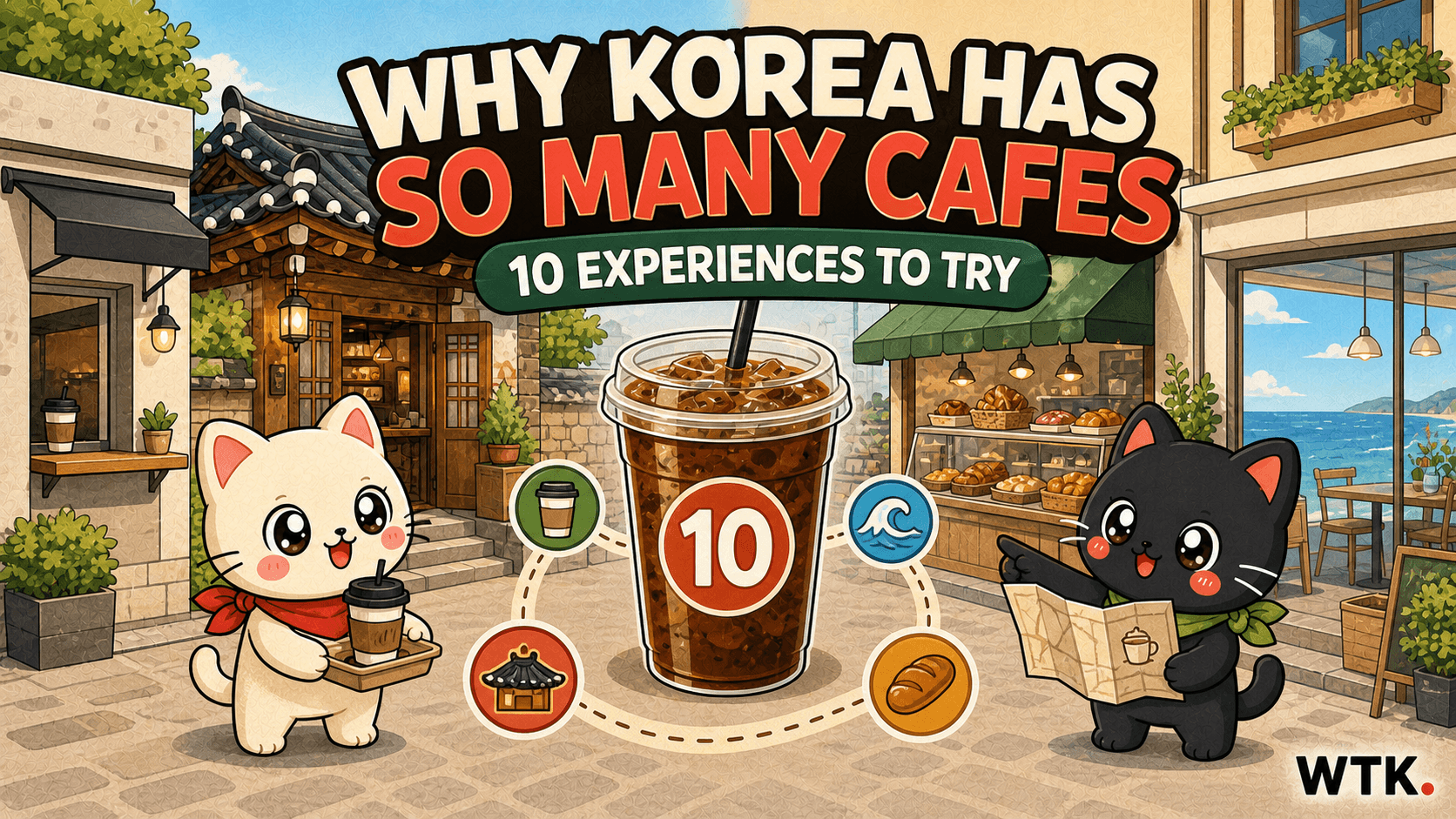 Two WTK cat mascots choosing among ten different Korean cafe experiences