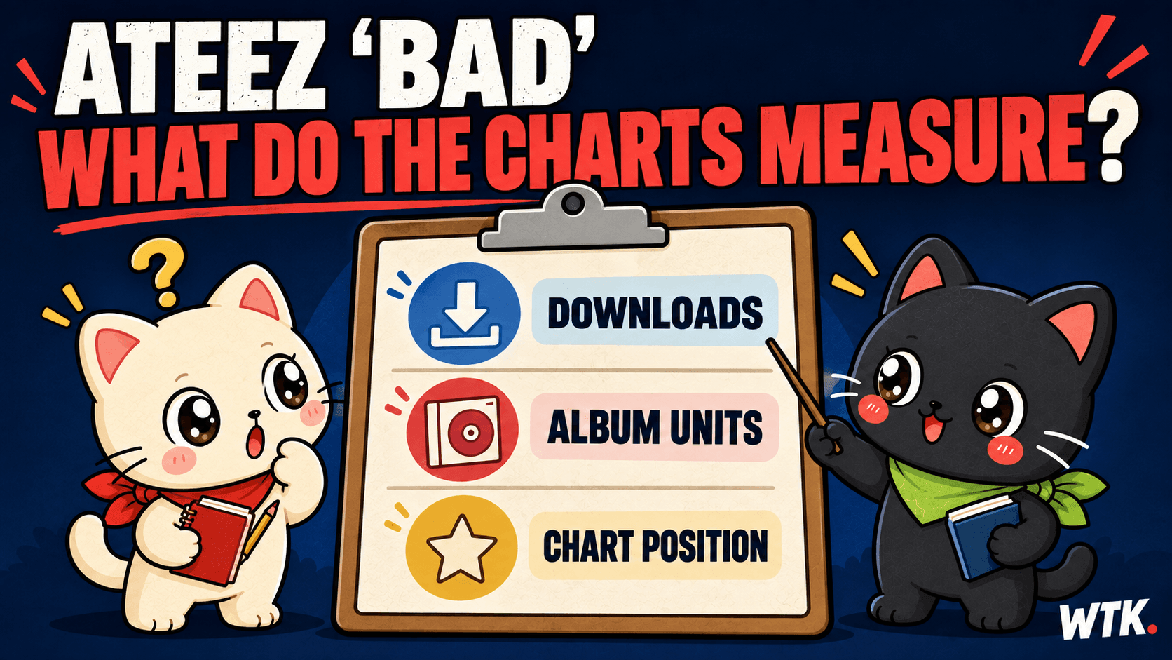 WTK editorial illustration of Bori and Hodu comparing downloads, album units and chart position on a clipboard; not an actual chart