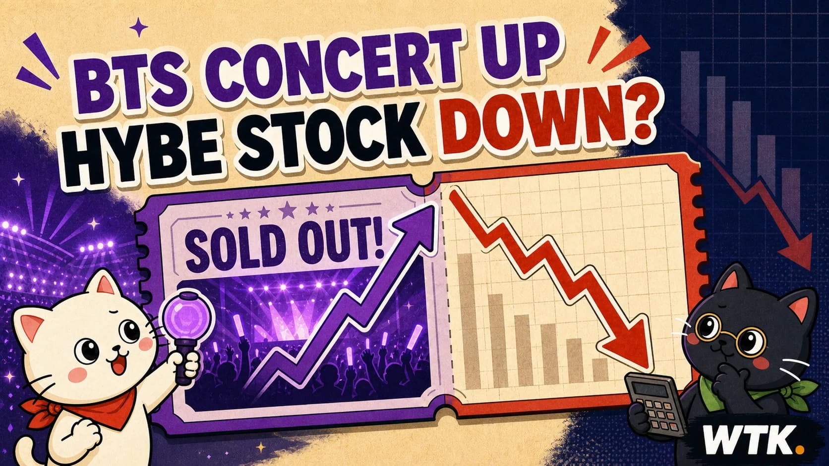 BTS Concert Up, HYBE Stock Down? — WTK cover art contrasting a sold-out purple stadium ticket with a falling generic stock chart