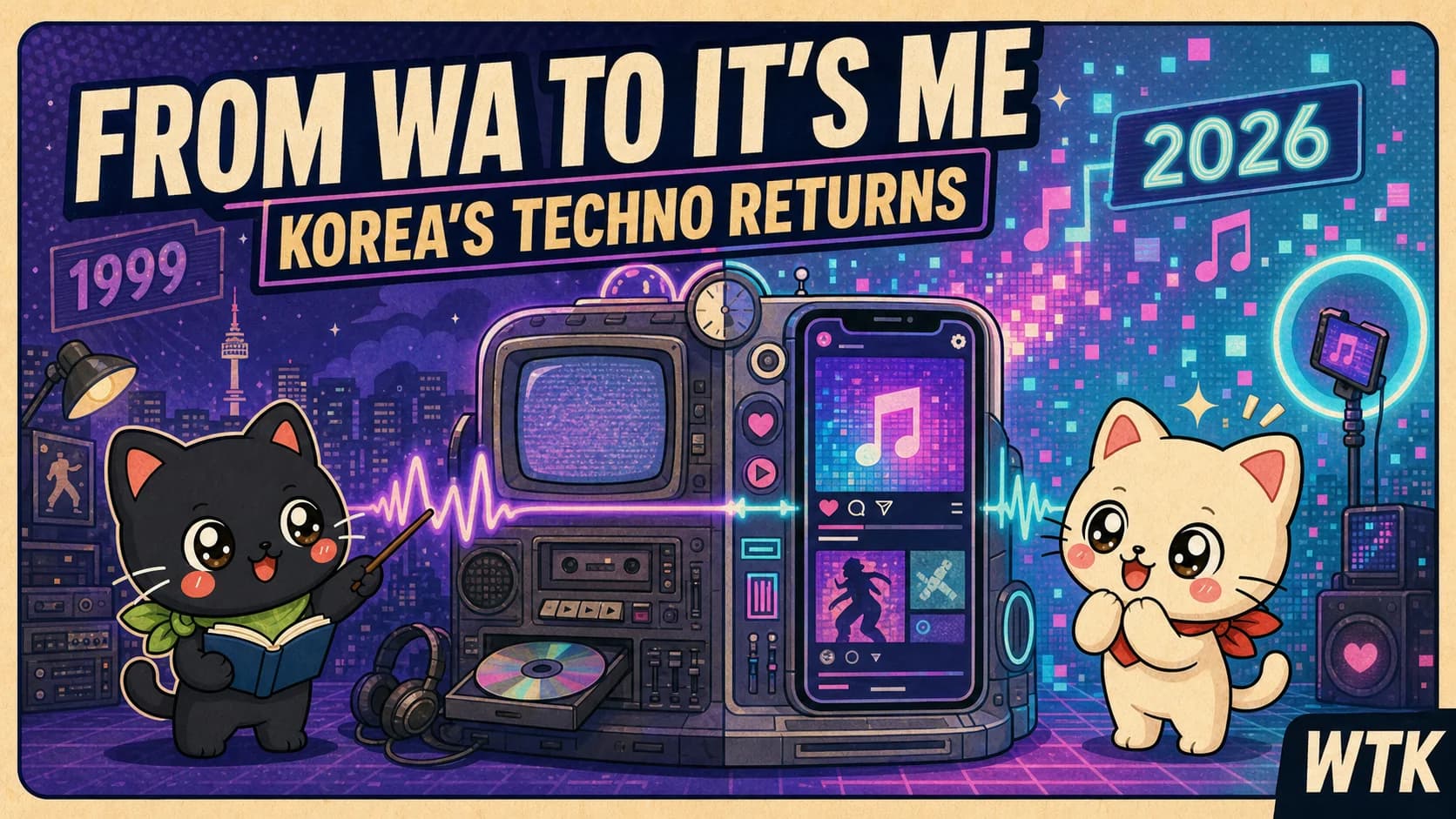 From Wa to It's Me — WTK kawaii cat mascots connect a 1999 Korean techno television and CD player to a 2026 smartphone music feed