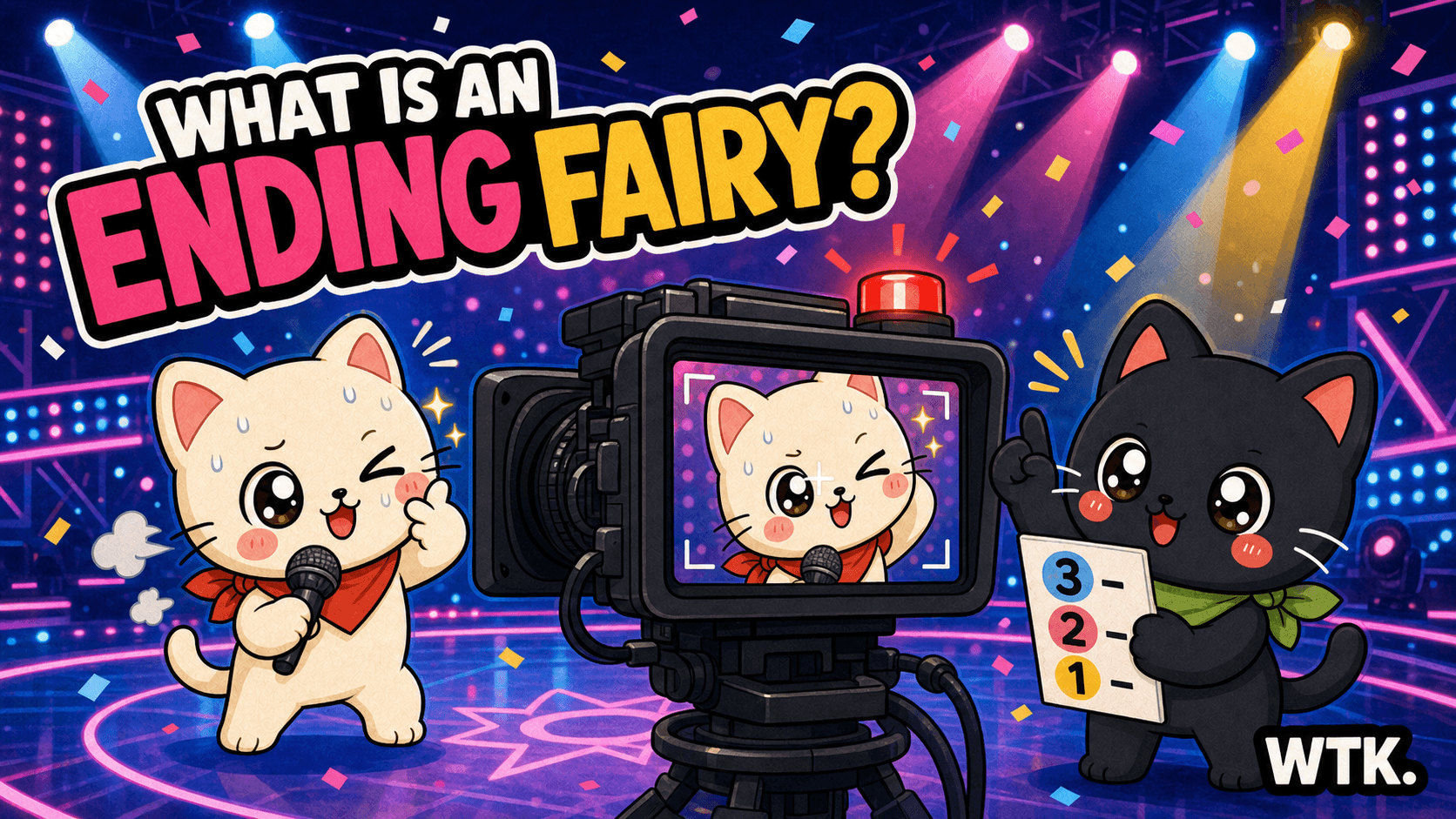 What Is an Ending Fairy? — Bori holds a polished wink after a K-pop stage while Hodu directs the final broadcast camera close-up