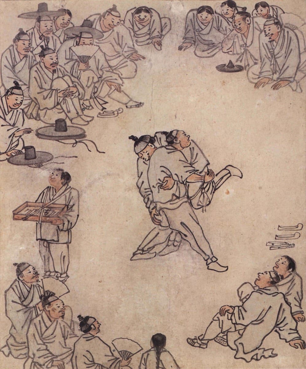 Ssireum (Wrestling) by Kim Hong-do — a crowd circles two Korean wrestlers in an 18th-century genre painting
